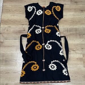 Tory Burch Belted Embroidered Cotton Midi Dress | Size XS | Black, Yellow, Cream
